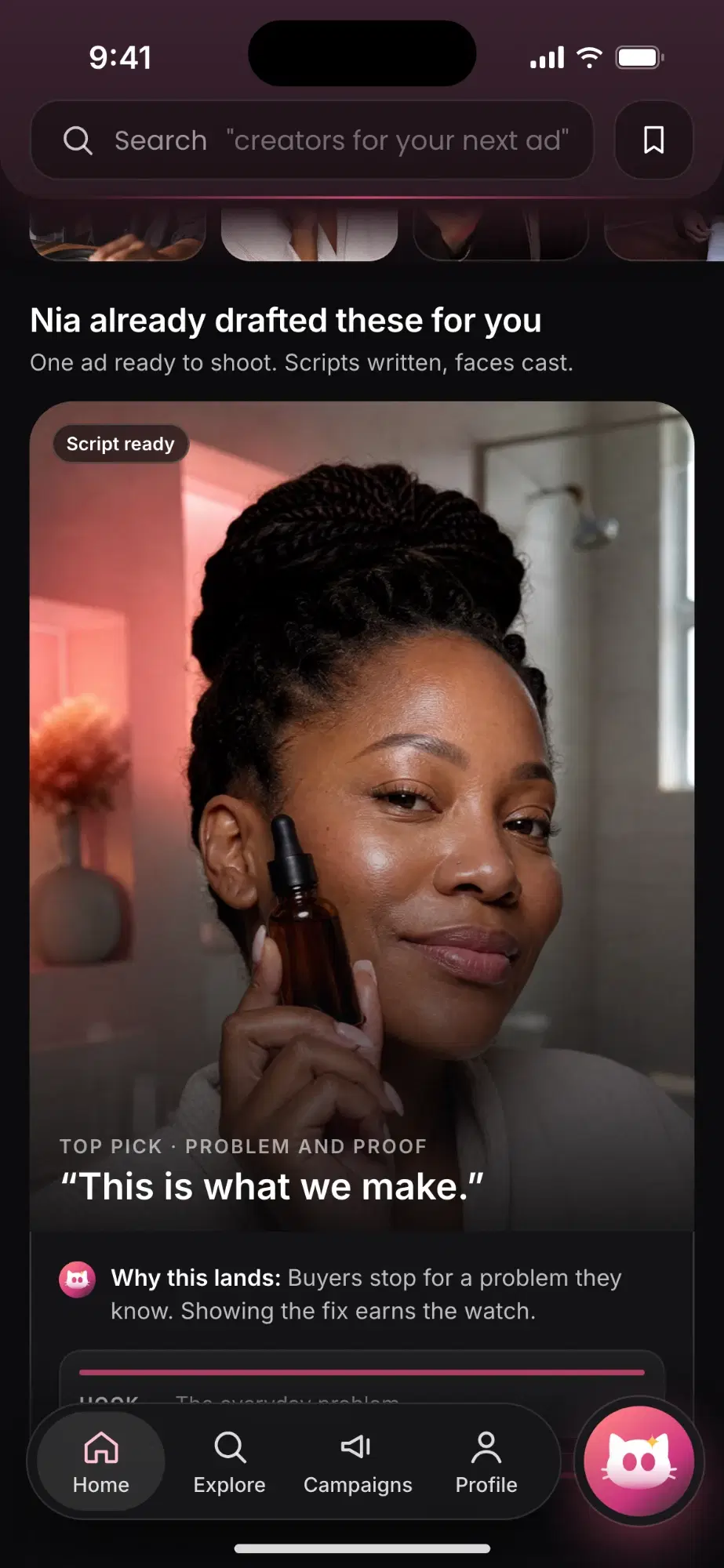 Nia home screen: an ad Nia drafted, script written and faces cast